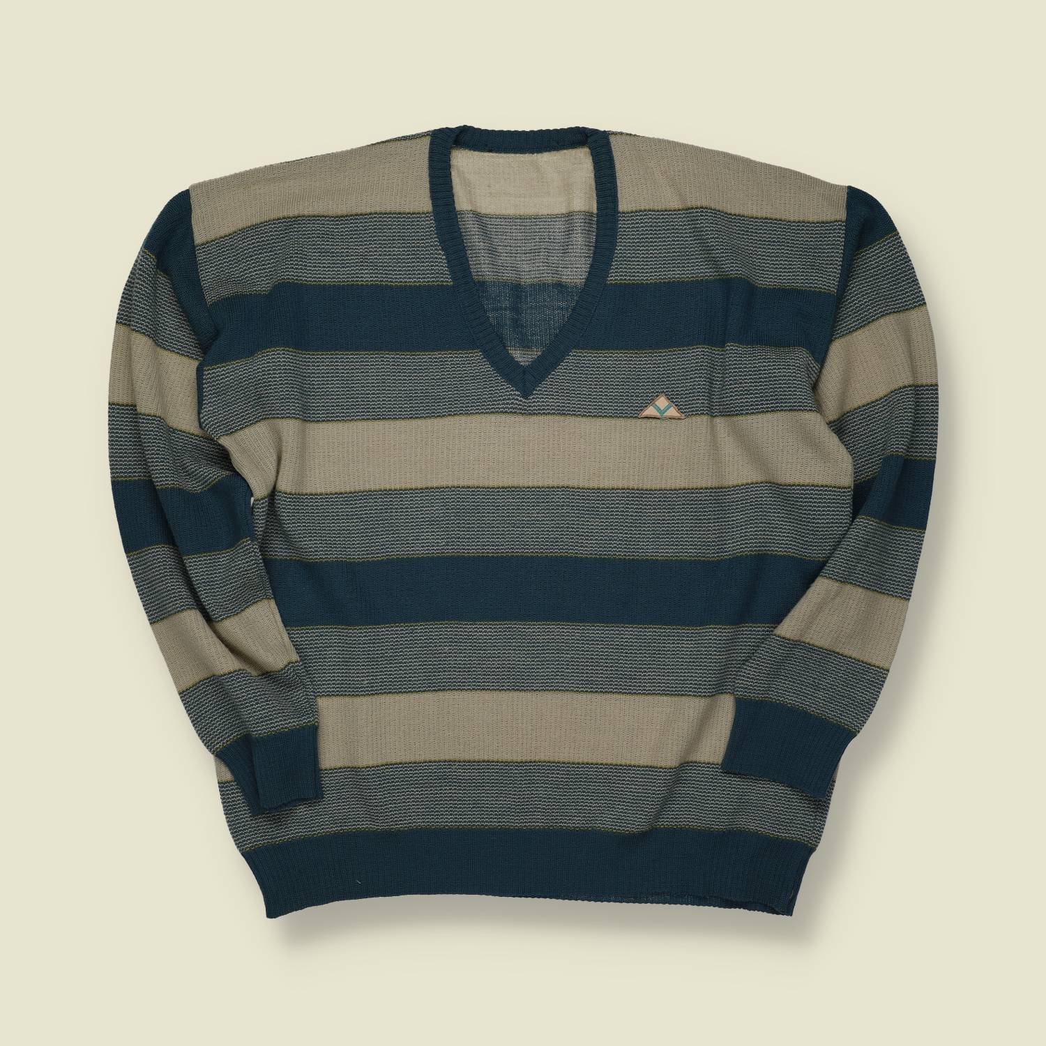 1970s | European | Striped Wool V-Neck Jumper | Blue / Beige - M