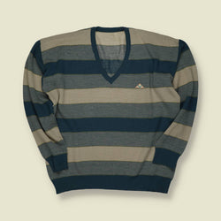 1970s | European | Striped Wool V-Neck Jumper | Blue / Beige - M