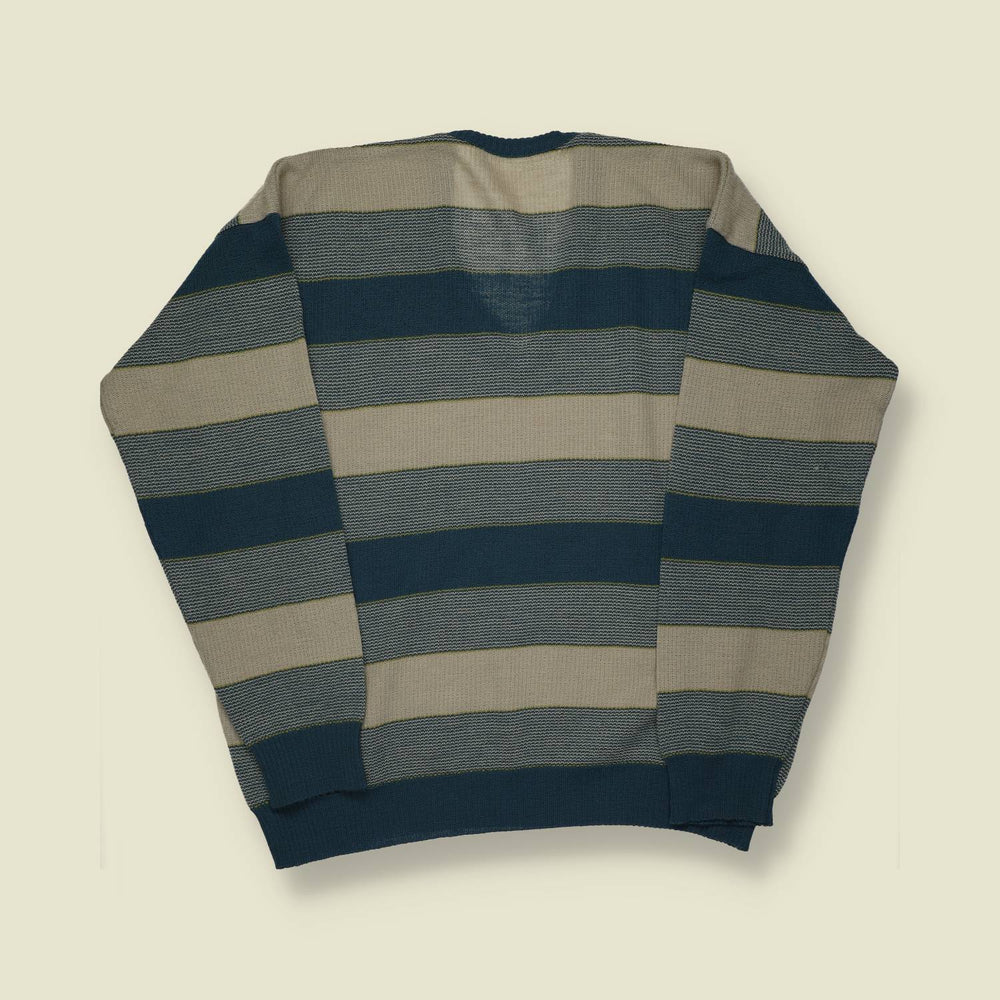 1970s | European | Striped Wool V-Neck Jumper | Blue / Beige - M