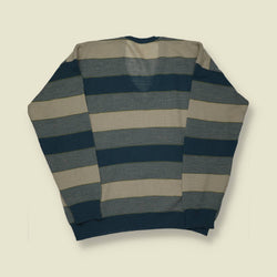 1970s | European | Striped Wool V-Neck Jumper | Blue / Beige - M