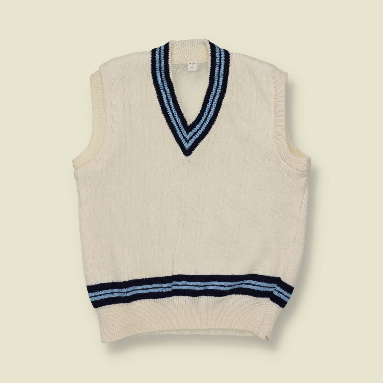 1970s | European | Wool Cricket Tank | Cream / Navy / Sky Blue - S/M