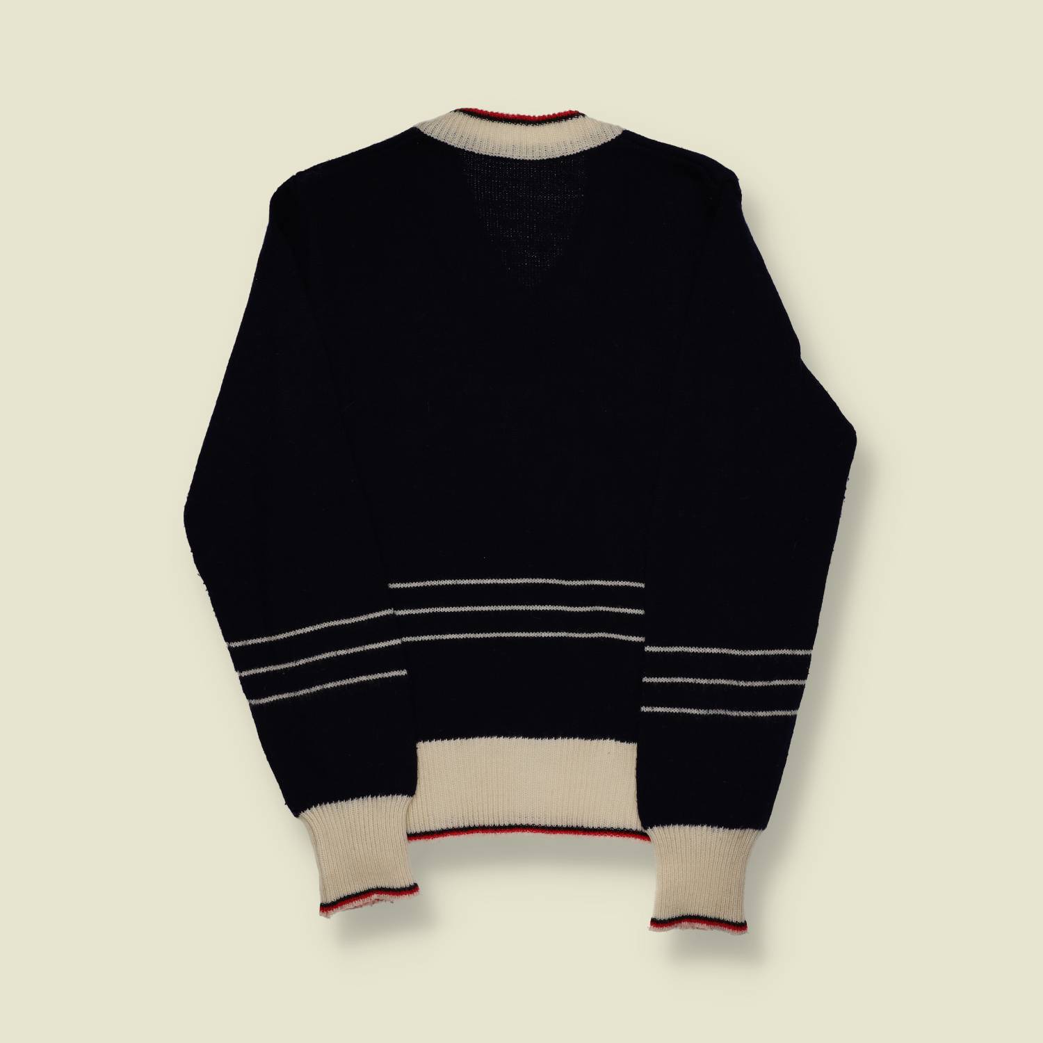 1970s | European | Soft Wool Nautical V-Neck Jumper | Navy / Cream / Red - XS