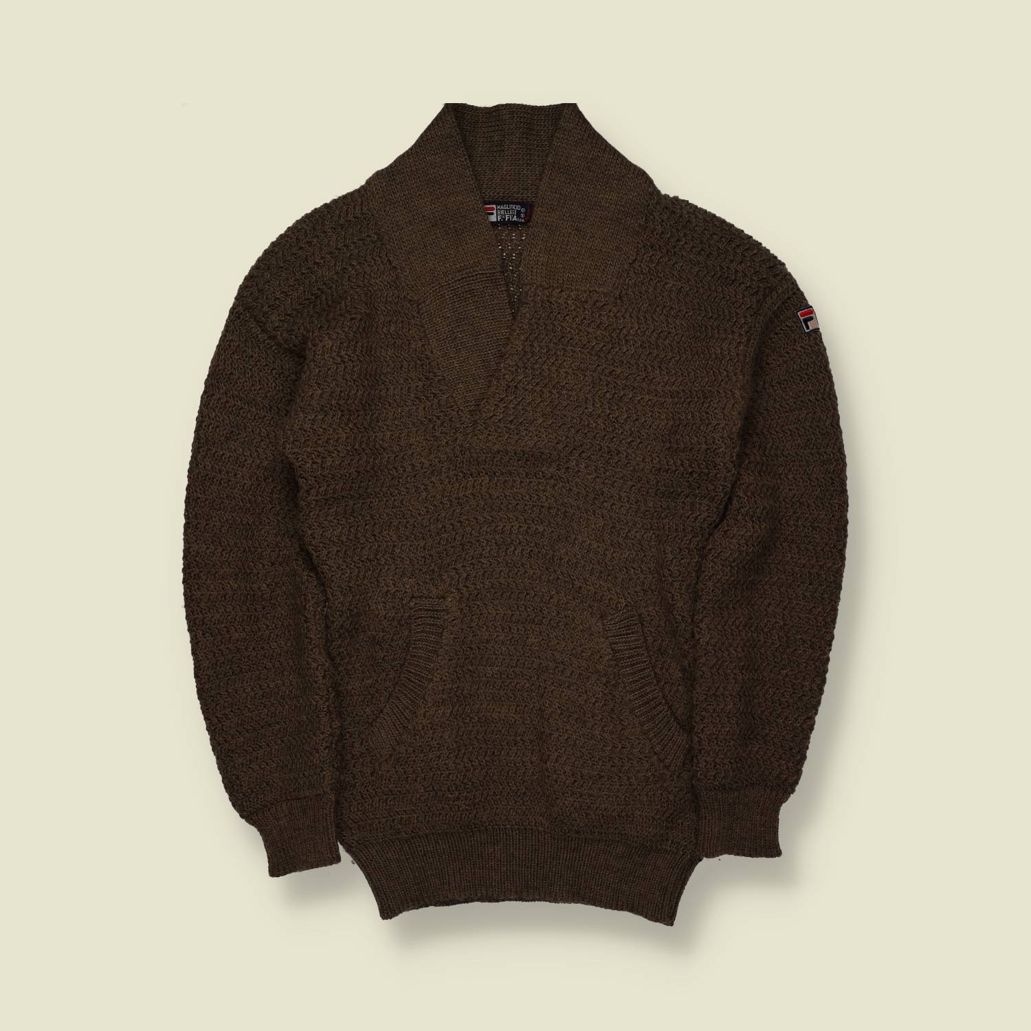 1970s | Fila | Textured Wool V-Neck Jumper | Brown - S