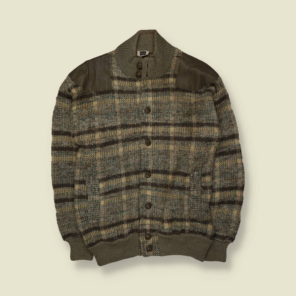 1970s | Quadro | Wool Knit Jacket with Leather Shoulder Panels | Made in Italy | Plaid - M