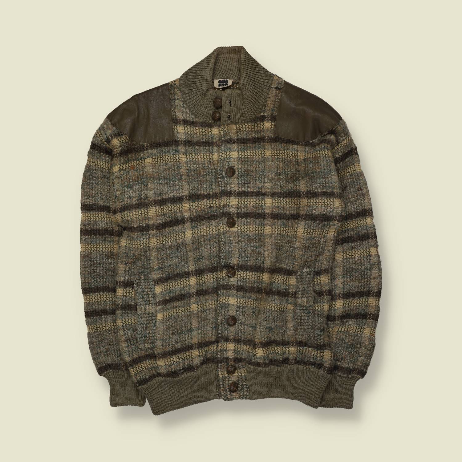 1970s | Quadro | Wool Knit Jacket with Leather Shoulder Panels | Made in Italy | Plaid - M