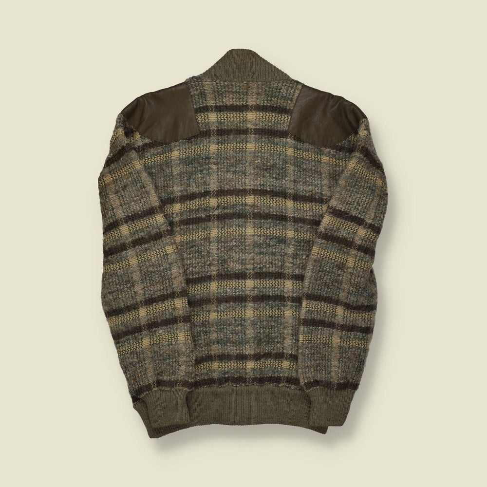 1970s | Quadro | Wool Knit Jacket with Leather Shoulder Panels | Made in Italy | Plaid - M