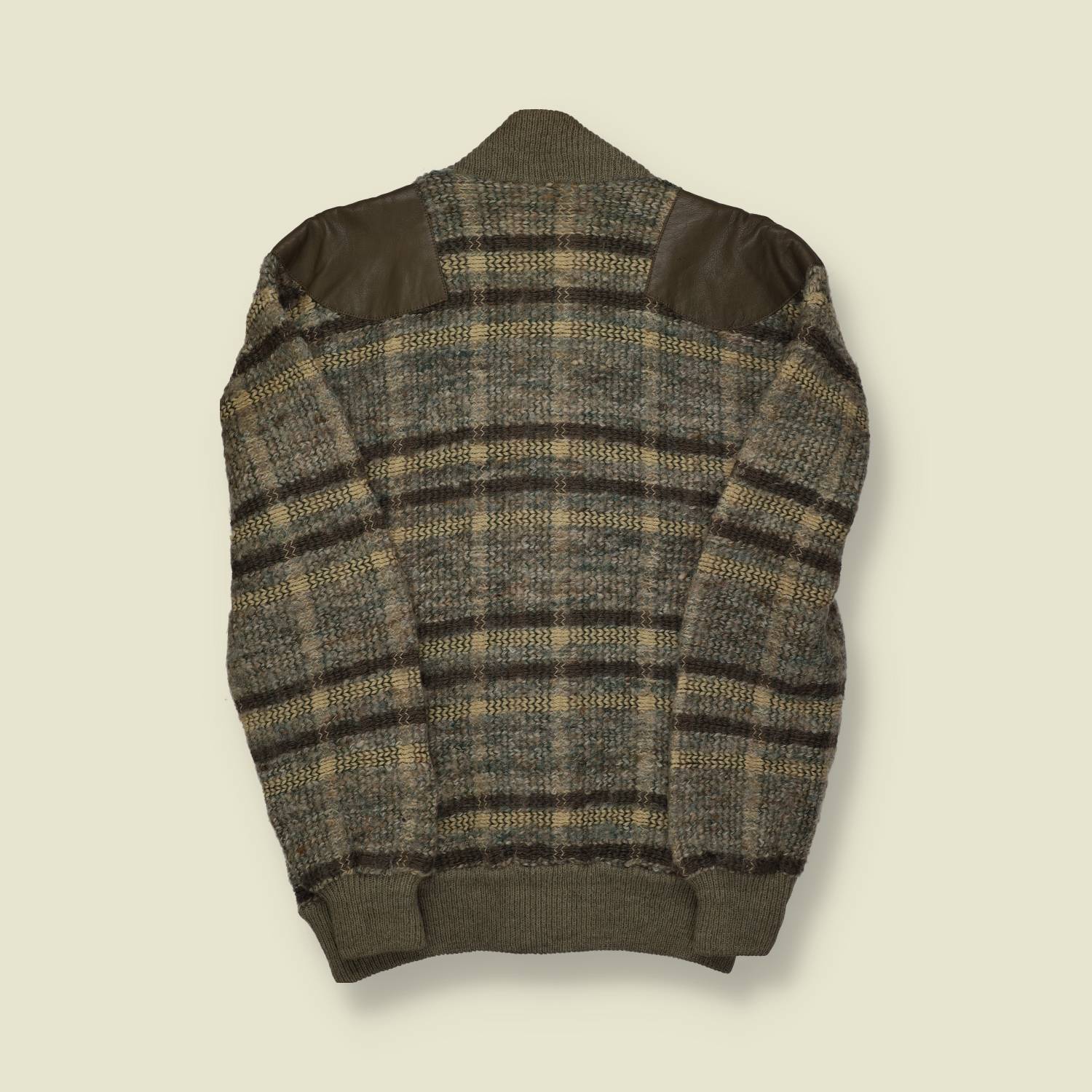 1970s | Quadro | Wool Knit Jacket with Leather Shoulder Panels | Made in Italy | Plaid - M