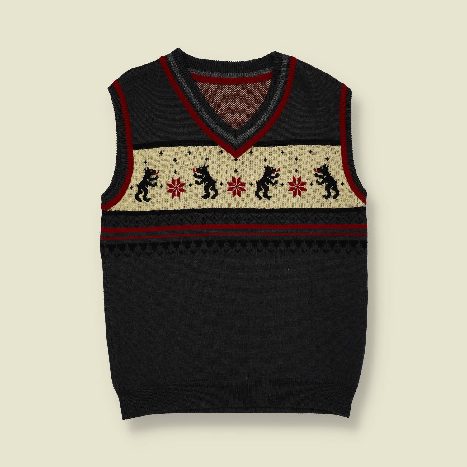 1970s–80s | European | Patterned Wool Knit Tank | Black / Cream / Red - M