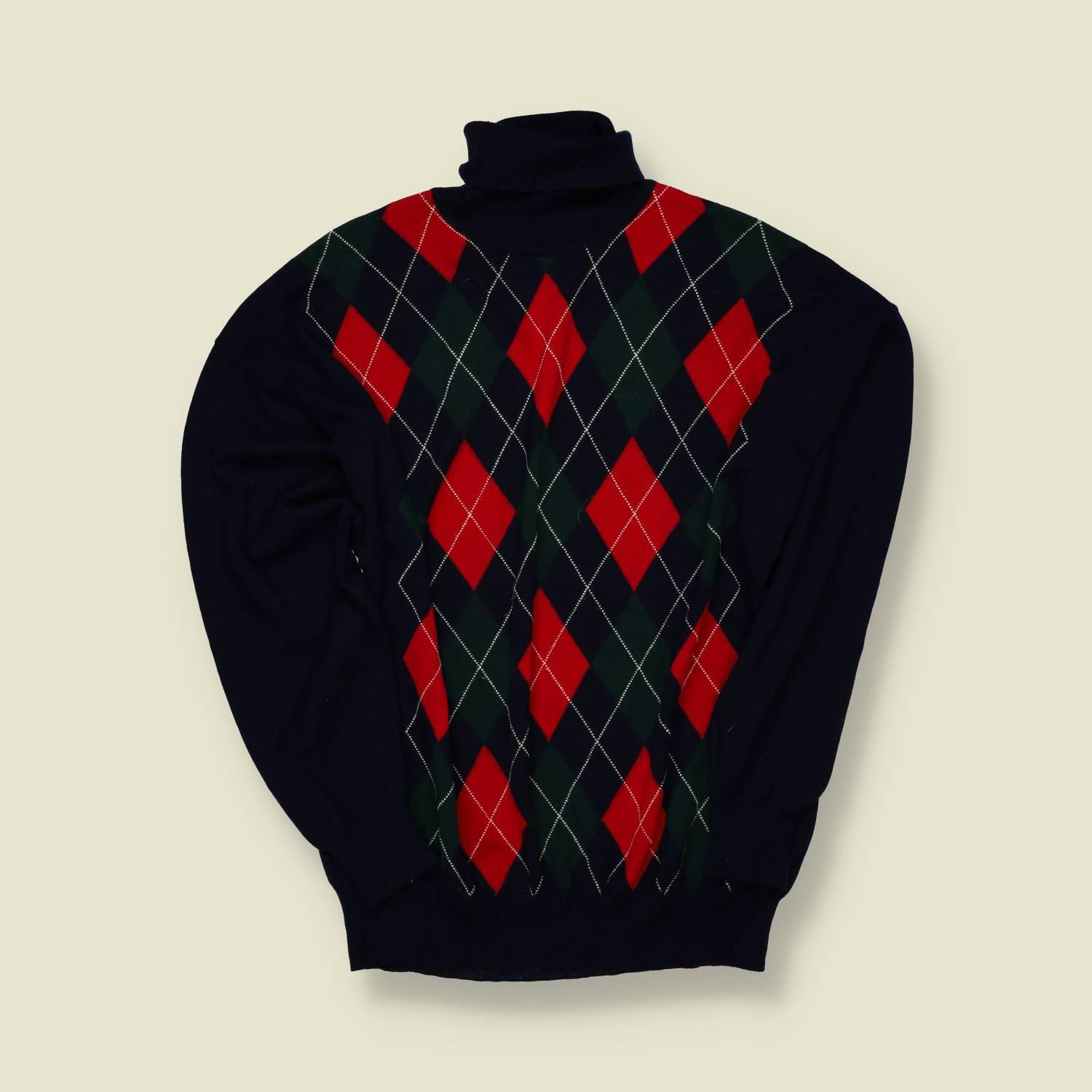 1980s | European | Argyle Roll Neck Jumper | Black / Red / Green - L