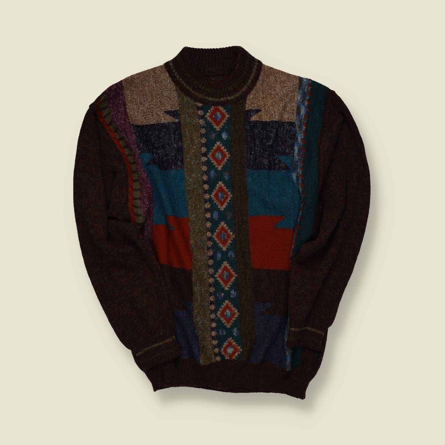 1980s | European | Patterned Wool Roll Neck Jumper | Multicolour - M