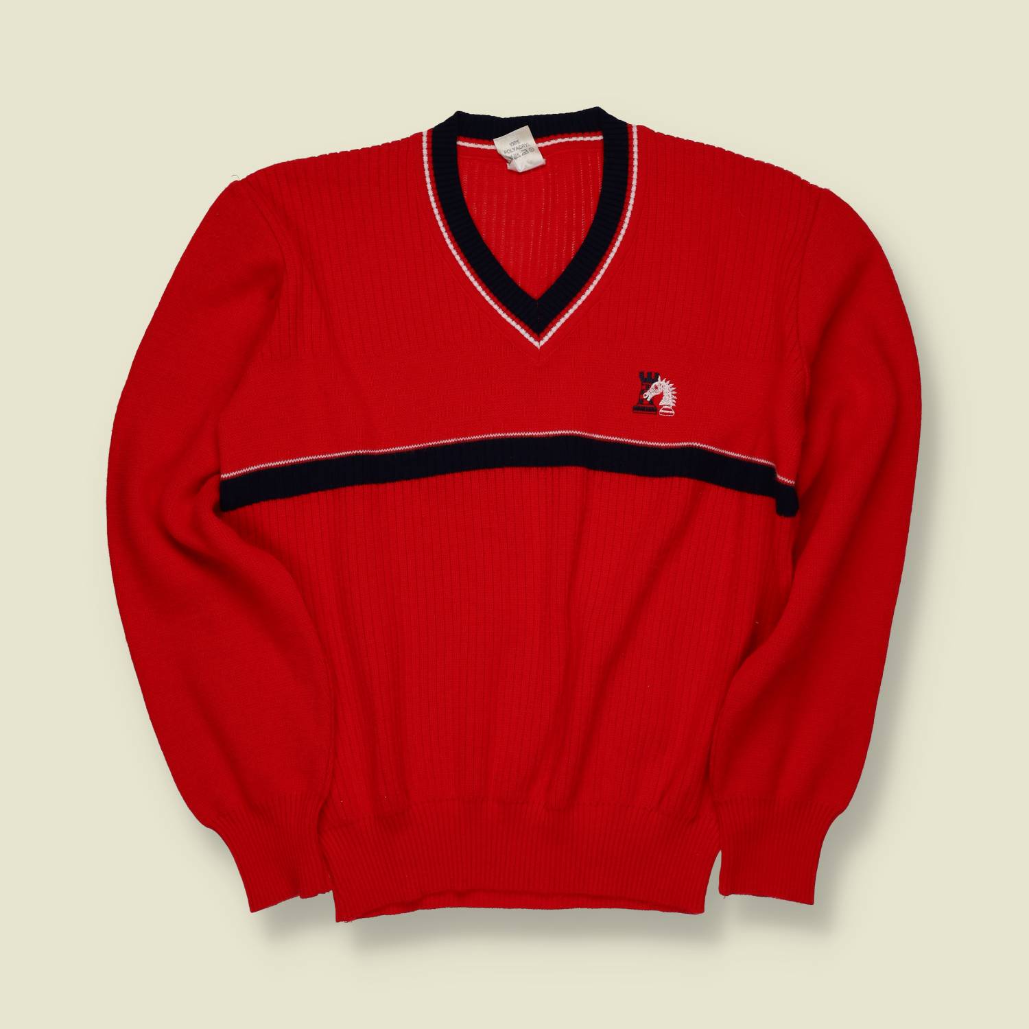 1970s | Unbranded | Red Poly-Acrylic V-Neck Knit Jumper - S