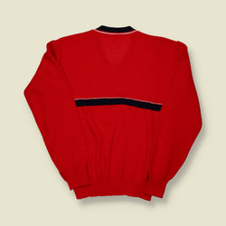 1970s | Unbranded | Red Poly-Acrylic V-Neck Knit Jumper - S
