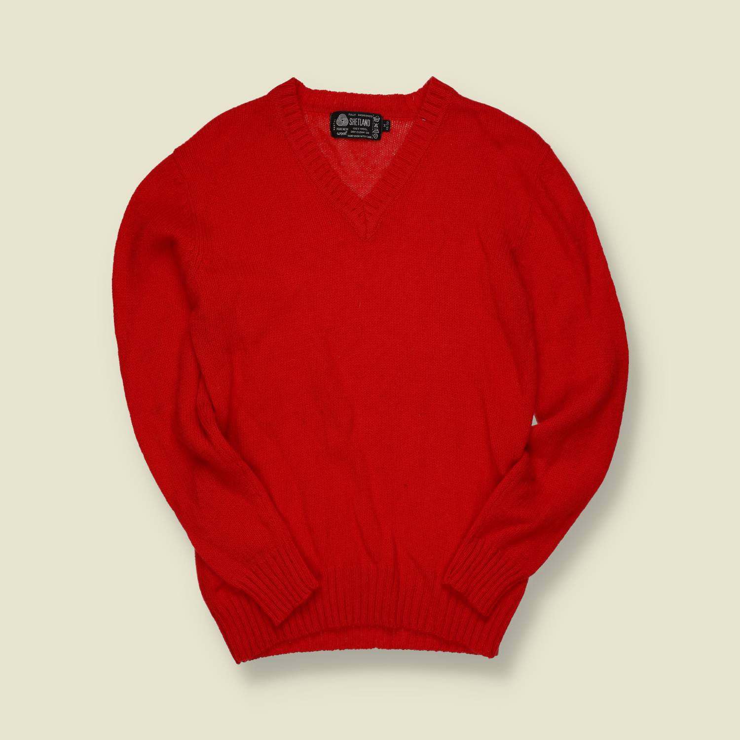 1970s | Shetland | Red V-Neck Shetland Knit Jumper - S