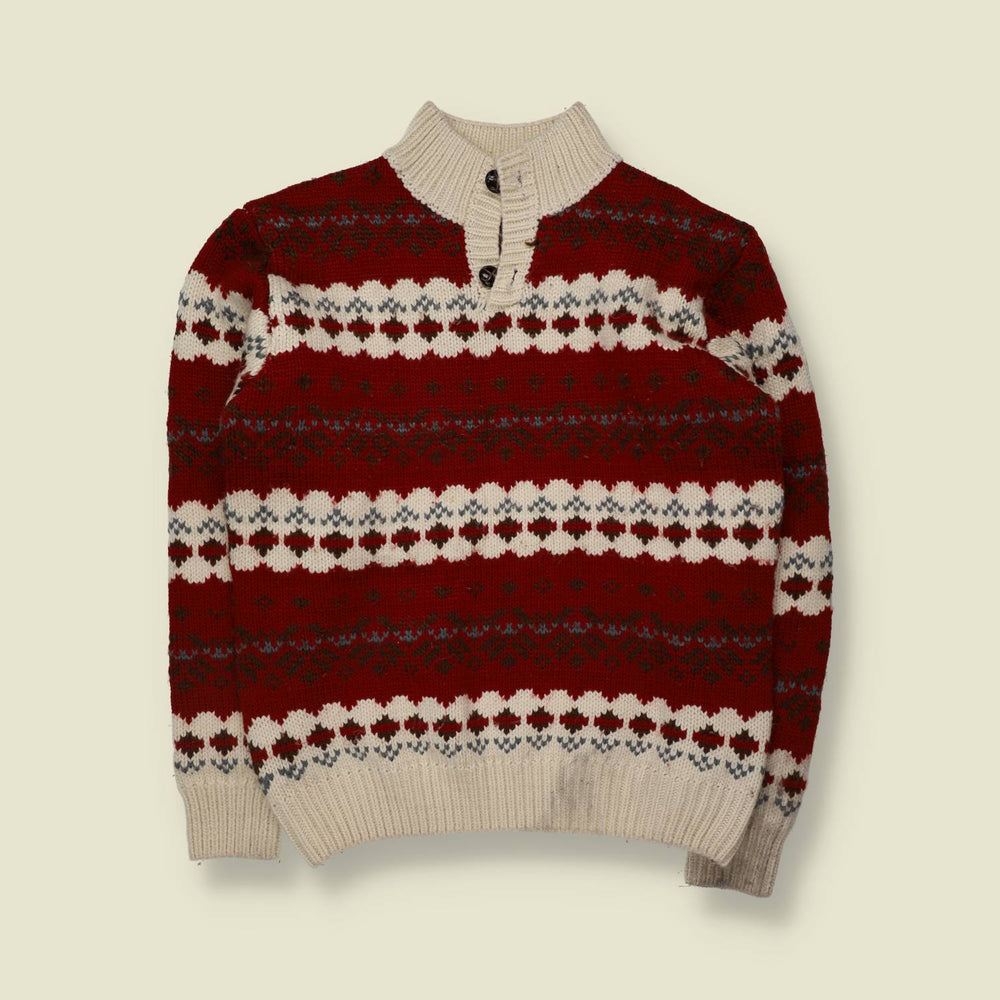 1980s | Hand Knit Fair Isle Style Jumper | Red Cream Grey - L