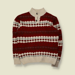 1980s | Hand Knit Fair Isle Style Jumper | Red Cream Grey - L