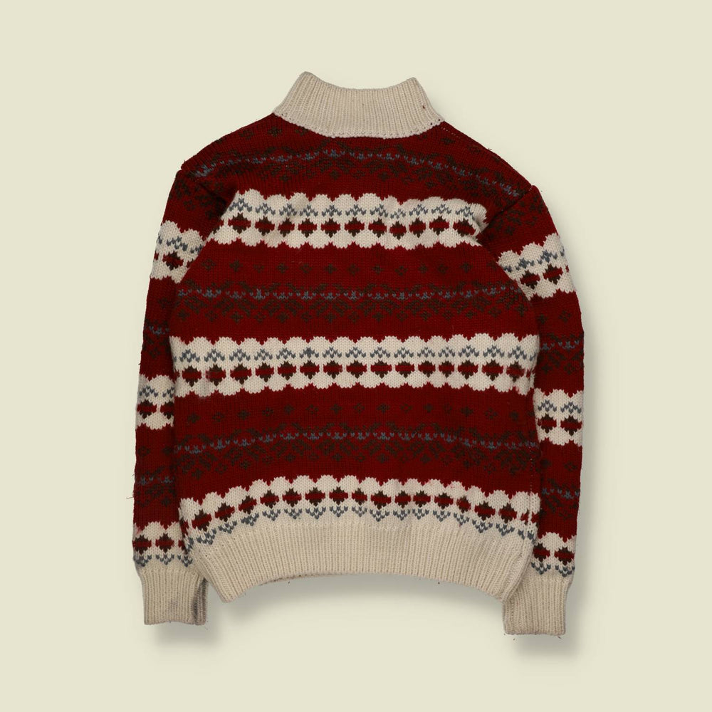 1980s | Hand Knit Fair Isle Style Jumper | Red Cream Grey - L