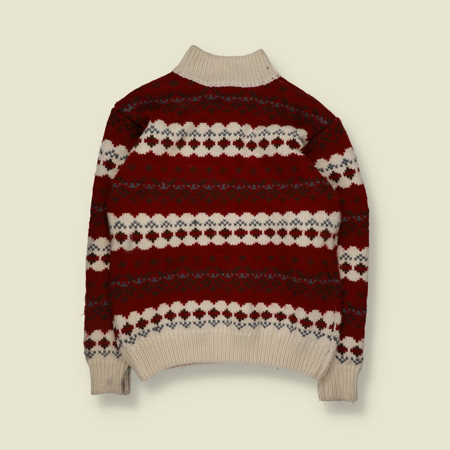 1980s | Hand Knit Fair Isle Style Jumper | Red Cream Grey - L