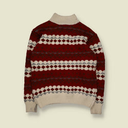 1980s | Hand Knit Fair Isle Style Jumper | Red Cream Grey - L