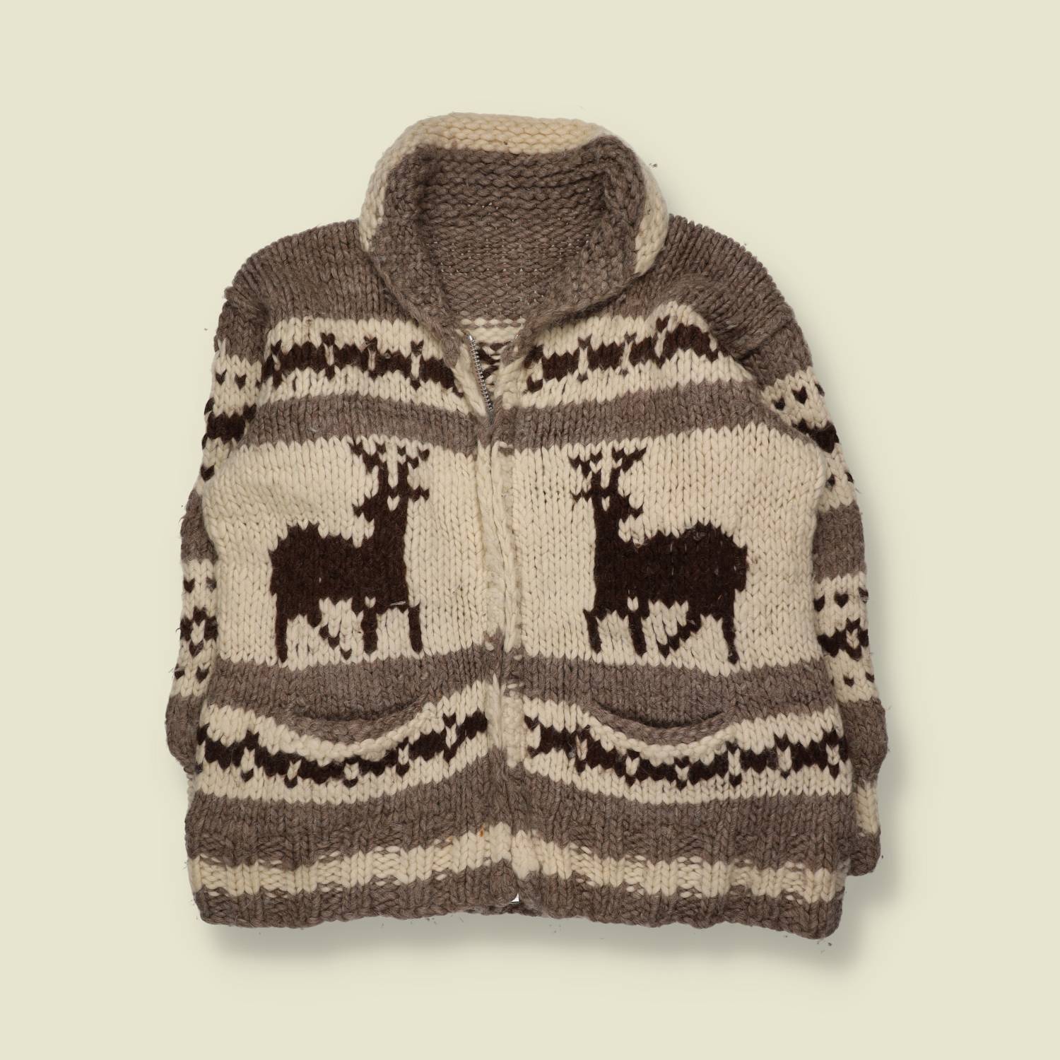 1970s–1980s | Cowichan Cardigan | Cream Grey Brown - L