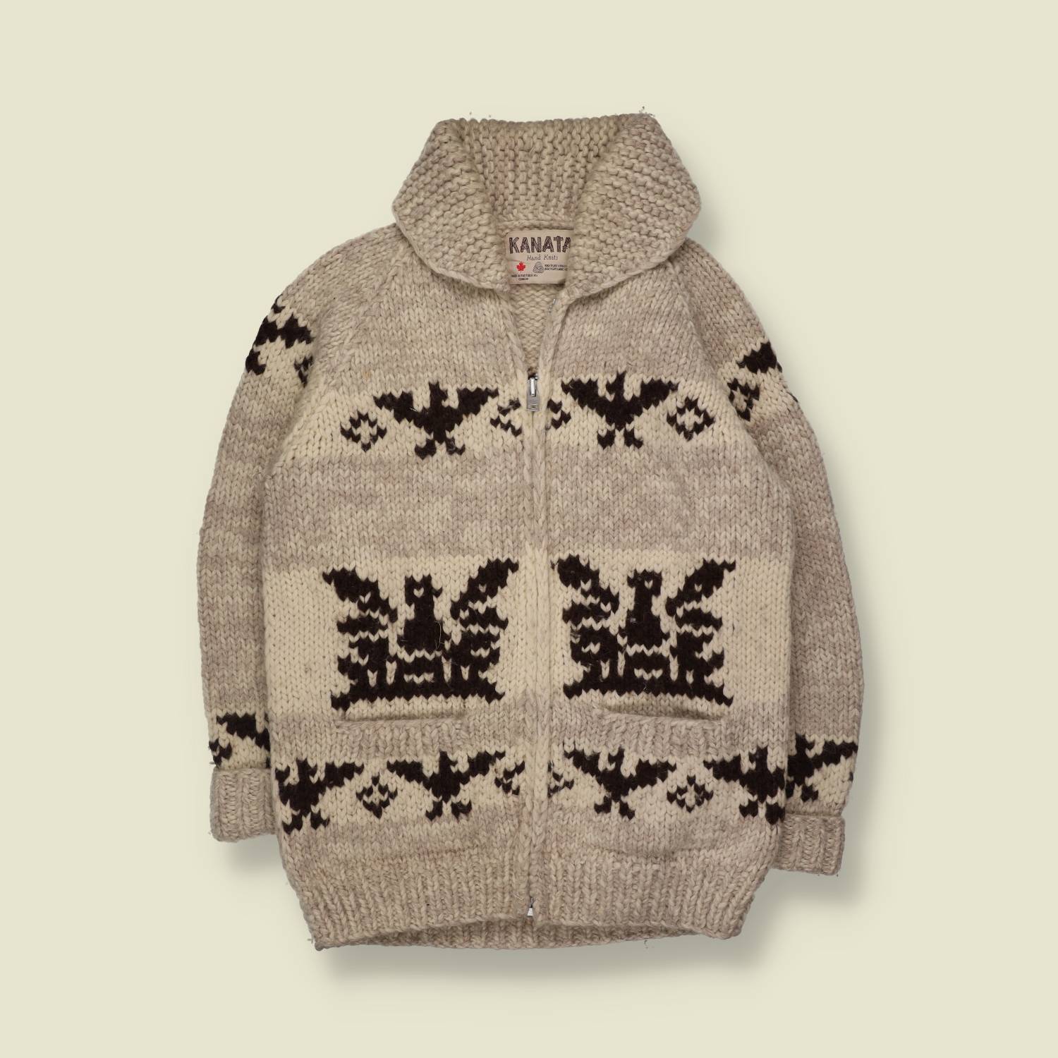 1970s–1980s | Kanata Made In Canada | Hand Knit Cowichan Cardigan | Oatmeal Brown - S