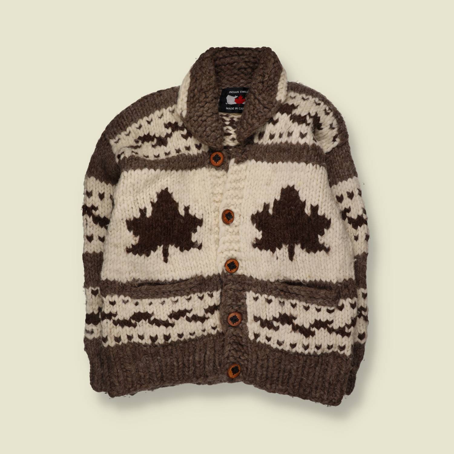 1980s | Indian Sweater Made In Canada | Hand Knit Cowichan Cardigan | Cream Brown - L