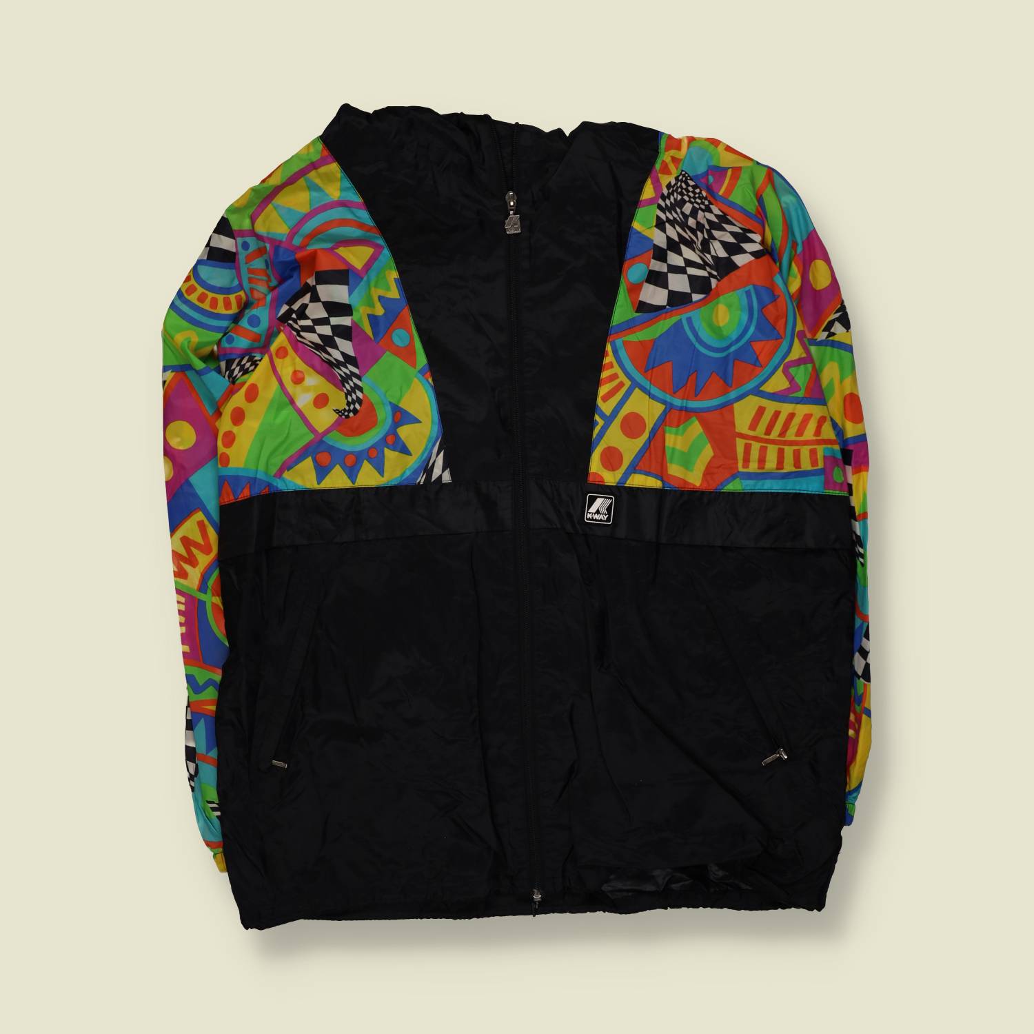 1980s | K-Way | Windbreaker | Black & Abstract Print - 3XL