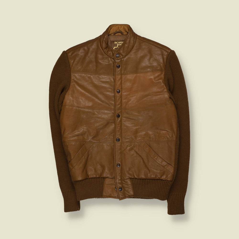 1970s | Ricardo | Leather & Knit Bomber Jacket | Tan - XS