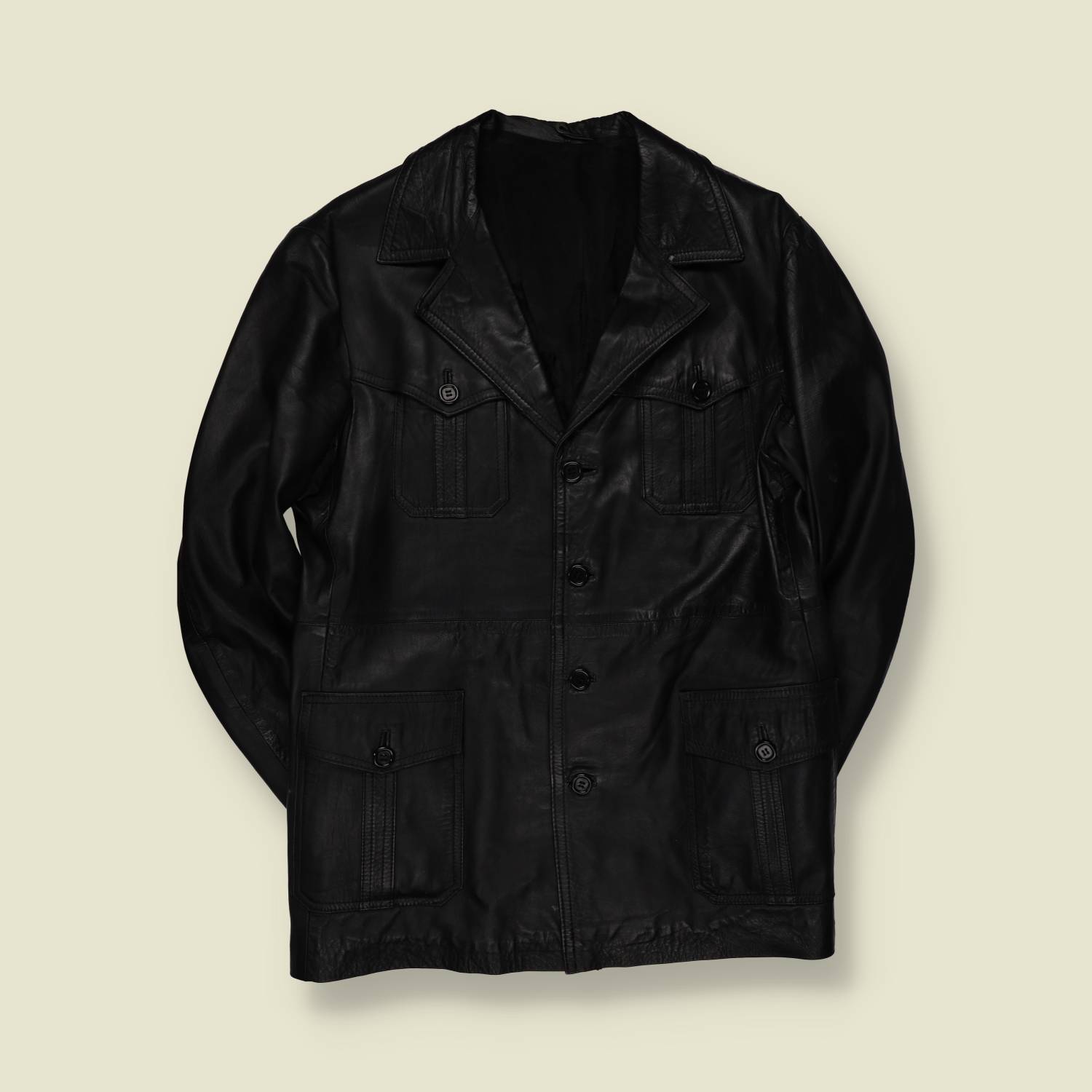 1970s | Leather Safari Jacket | Black - M