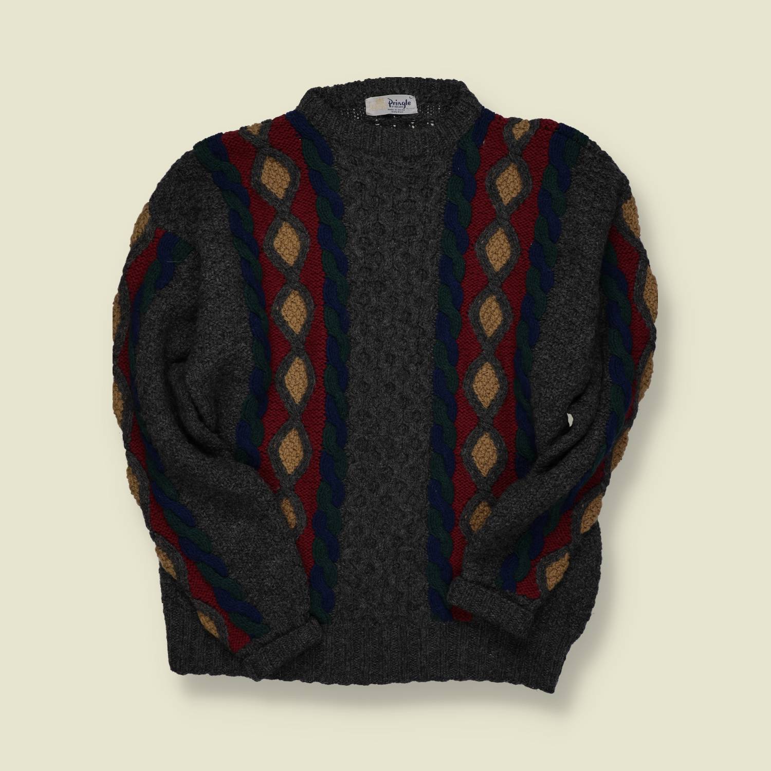 1980s | Pringle | 100% Wool Patterned Jumper | Grey / Burgundy / Green – L/XL