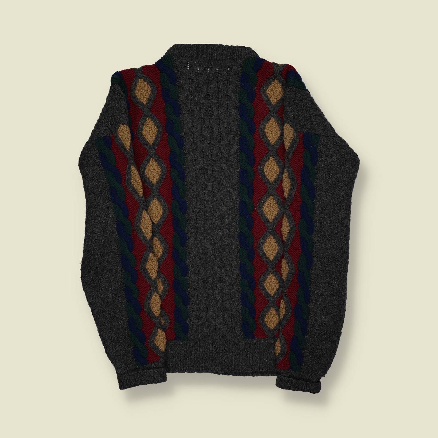 1980s | Pringle | 100% Wool Patterned Jumper | Grey / Burgundy / Green – L/XL