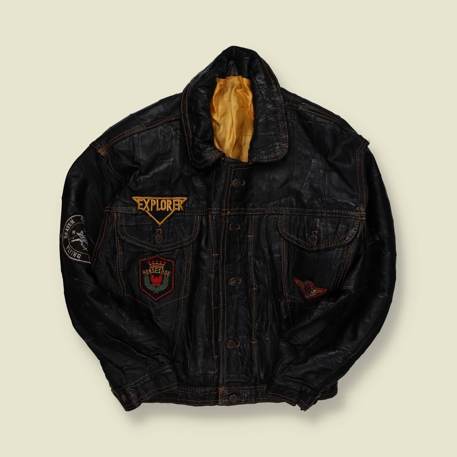 1980s | Custom Leather Trucker Jacket | Patchwork Biker | Black – L