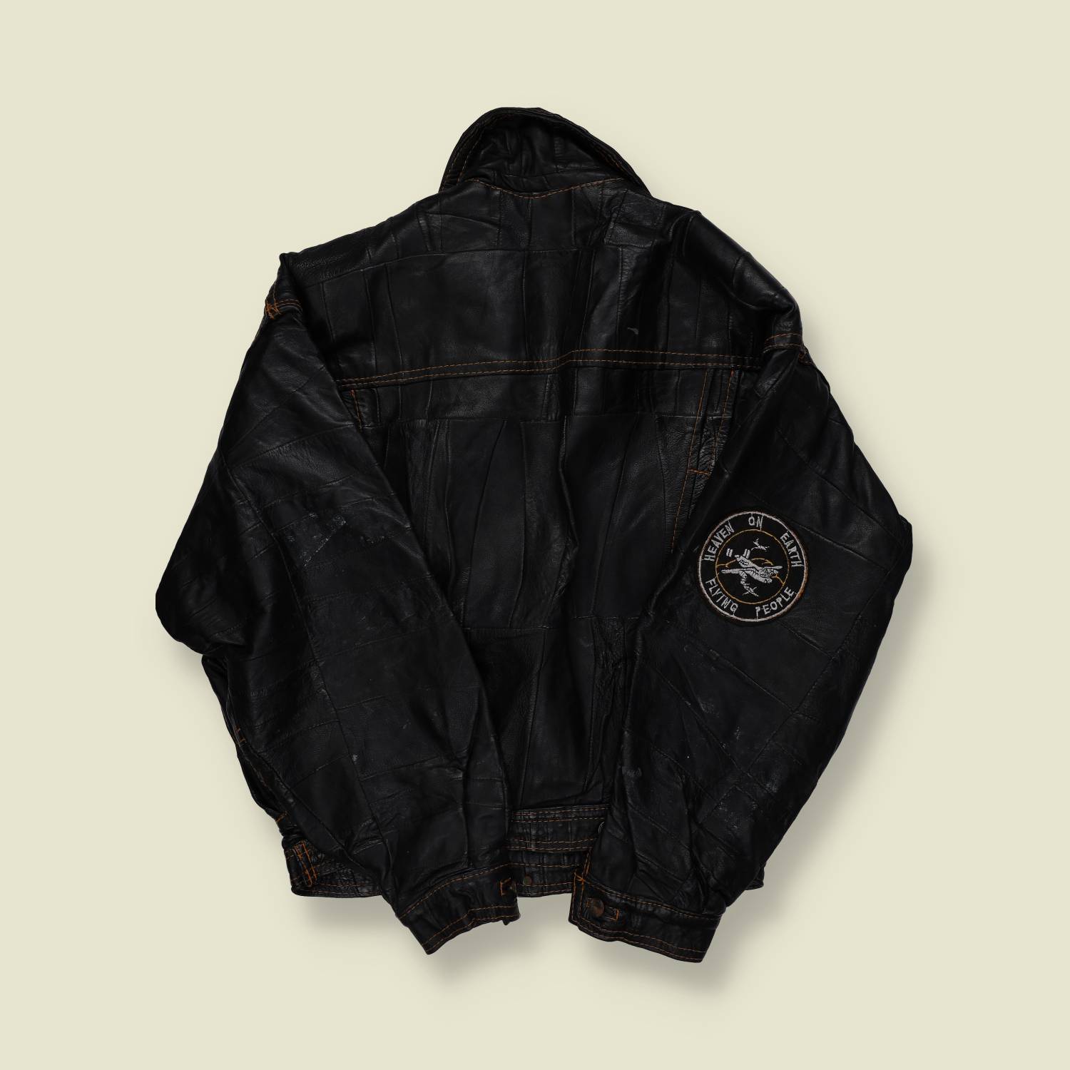 1980s | Custom Leather Trucker Jacket | Patchwork Biker | Black – L