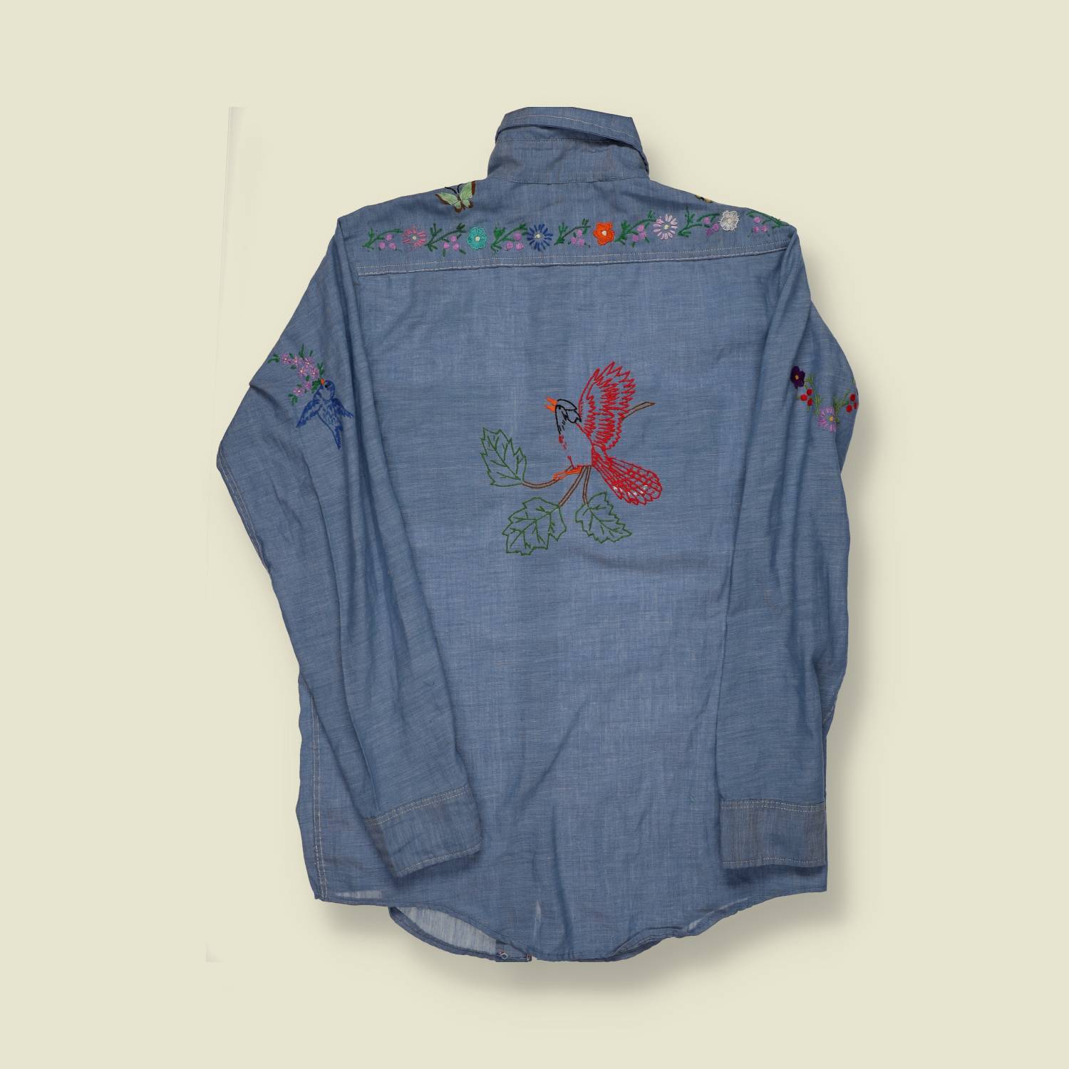 1970s | Ely | Folk Embroidered Chambray Shirt - S