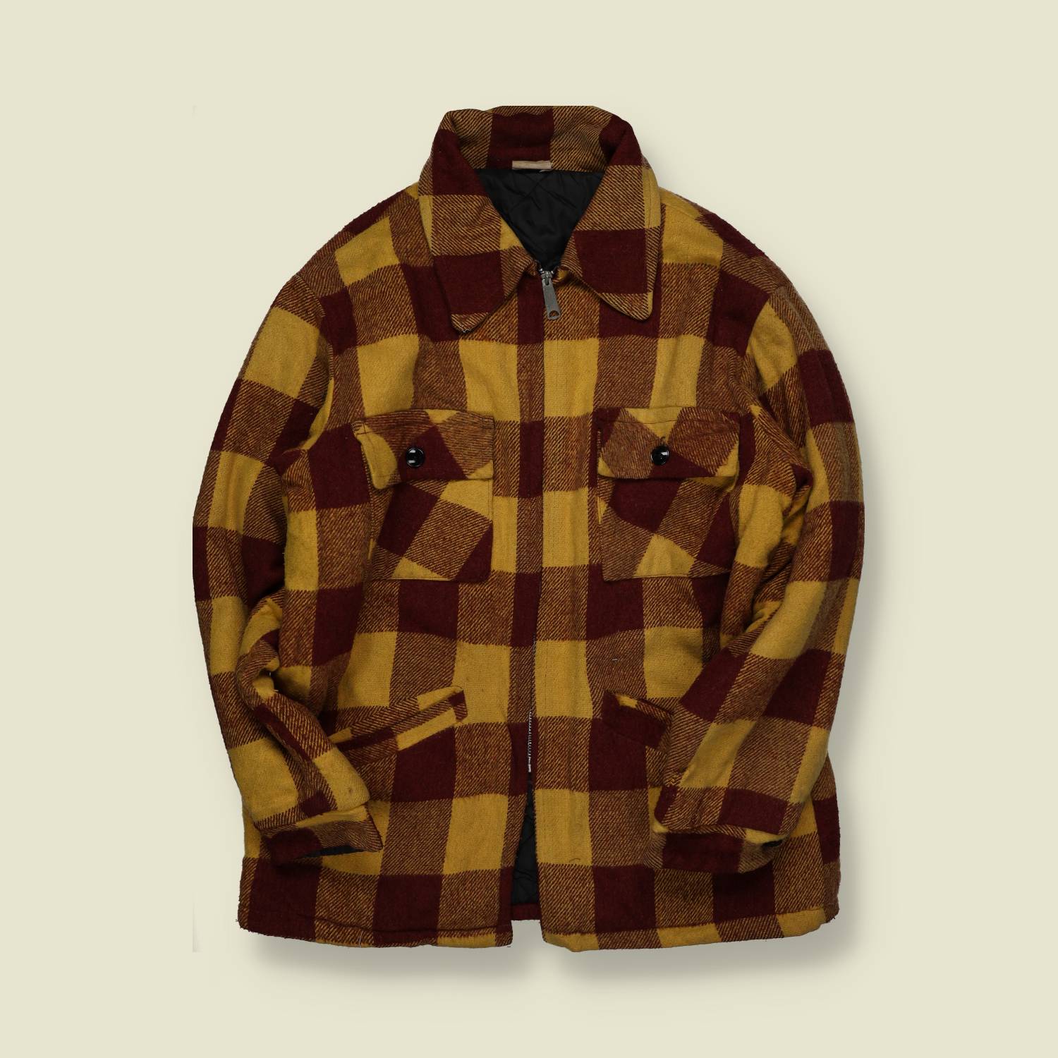 1960s | Unbranded | Wool Buffalo Check Zip Jacket | Mustard / Burgundy – L/XL