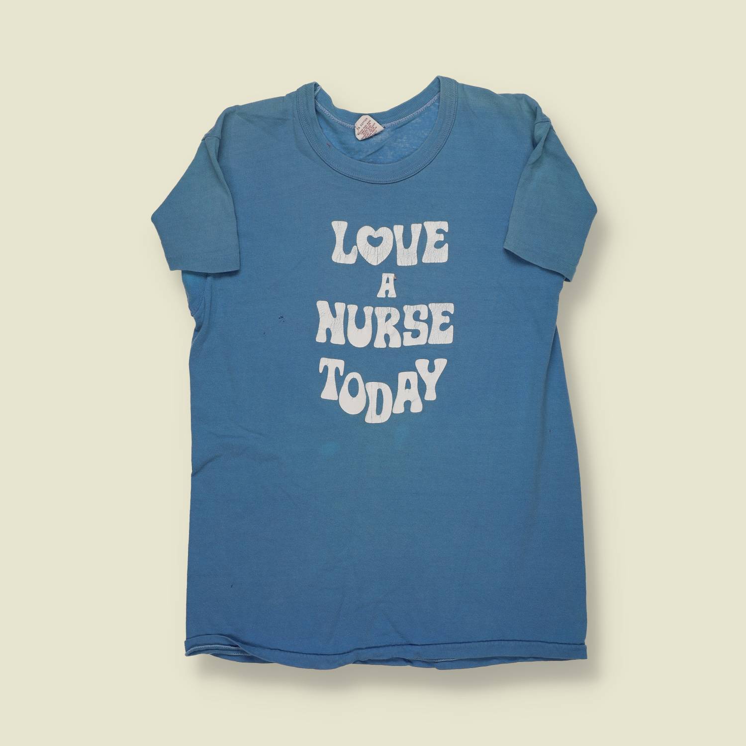 1970s | Russell Athletic | “Love a Nurse Today” Printed T-Shirt | Blue – XS