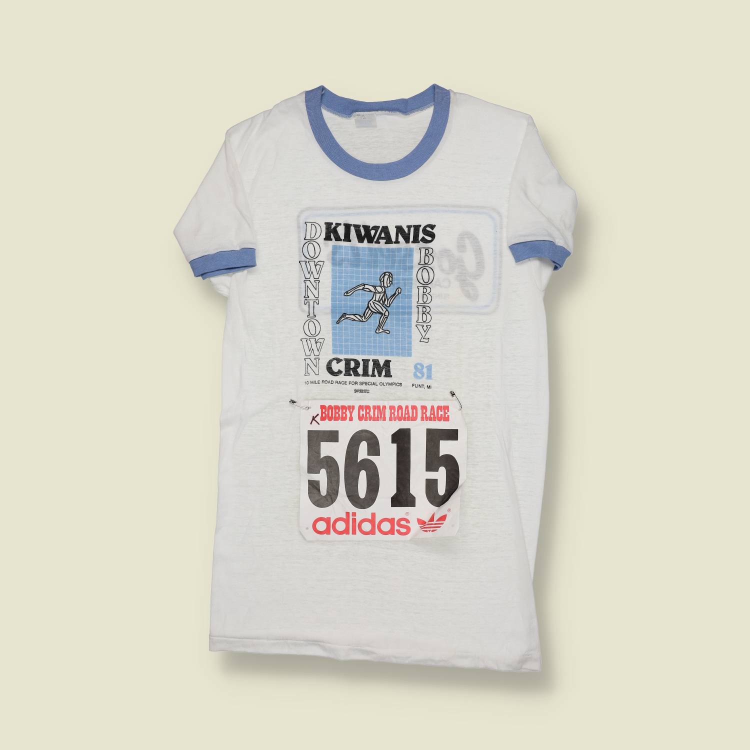 1981 | Adidas | Bobby Crim Road Race Ringer T-Shirt with Original Race Bib | White / Blue – XS