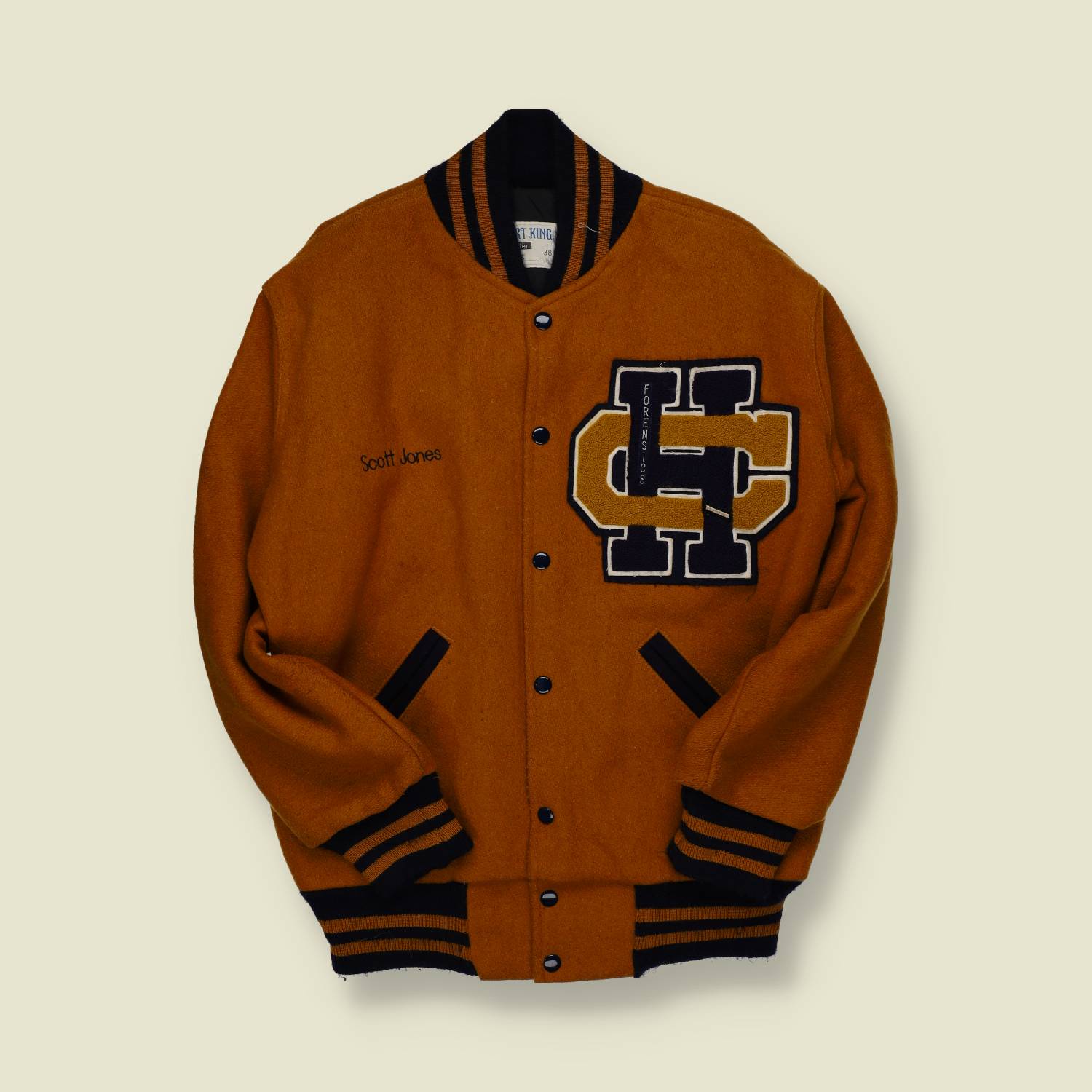 1970s | Sporting | Wool Varsity Jacket | Forensics Patch | Mustard & Black – M