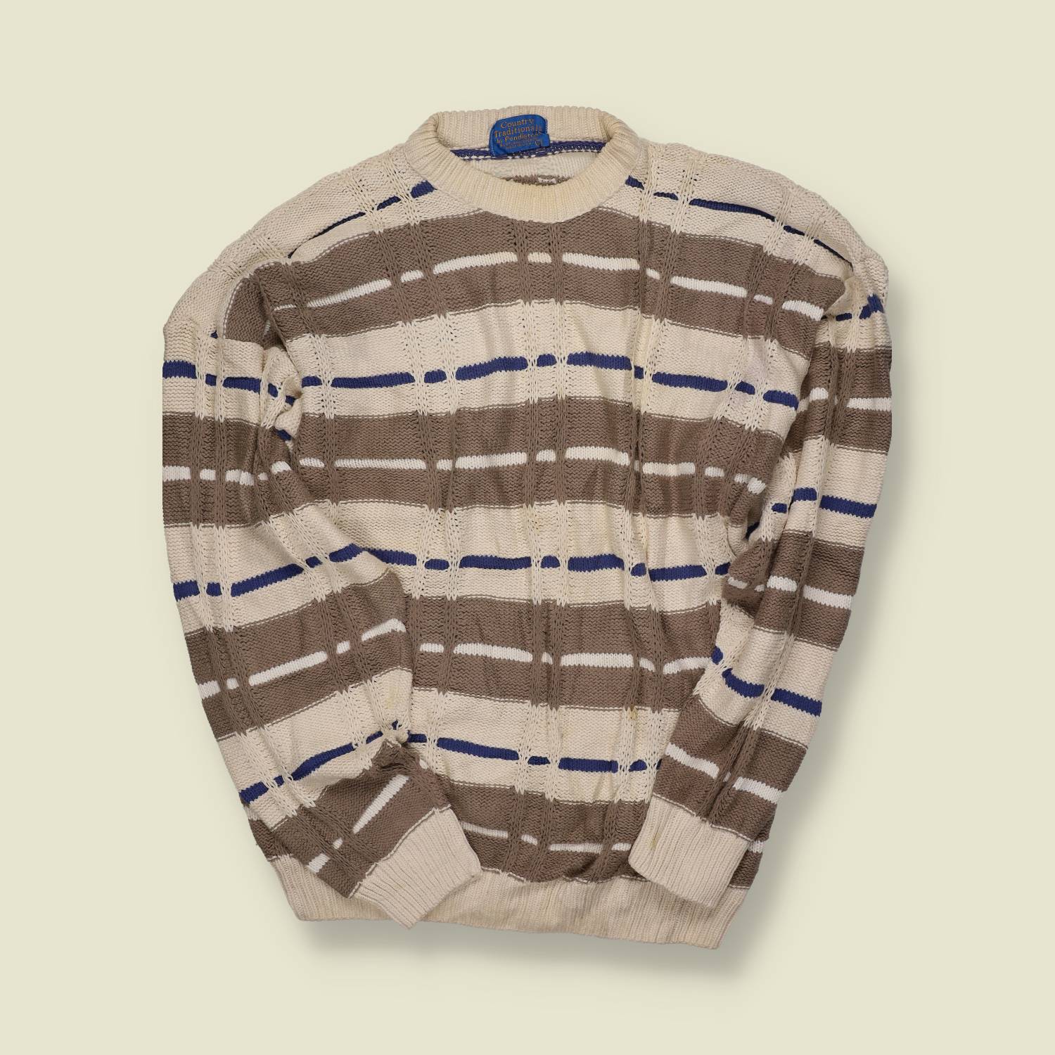 1980s | Pendleton | Made in USA | Wool Crewneck Jumper | Cream, Brown & Blue Stripe – L/XL