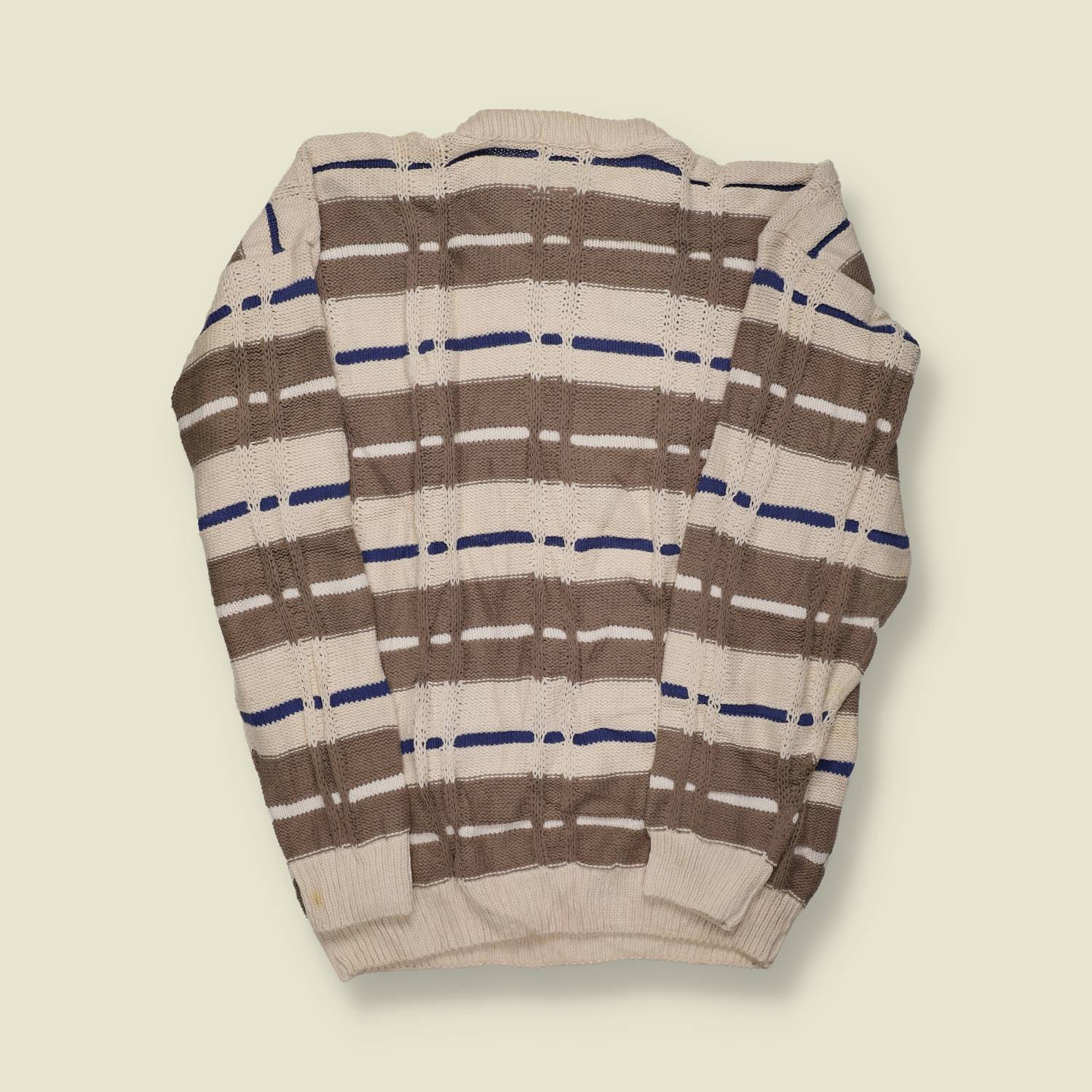 1980s | Pendleton | Made in USA | Wool Crewneck Jumper | Cream, Brown & Blue Stripe – L/XL