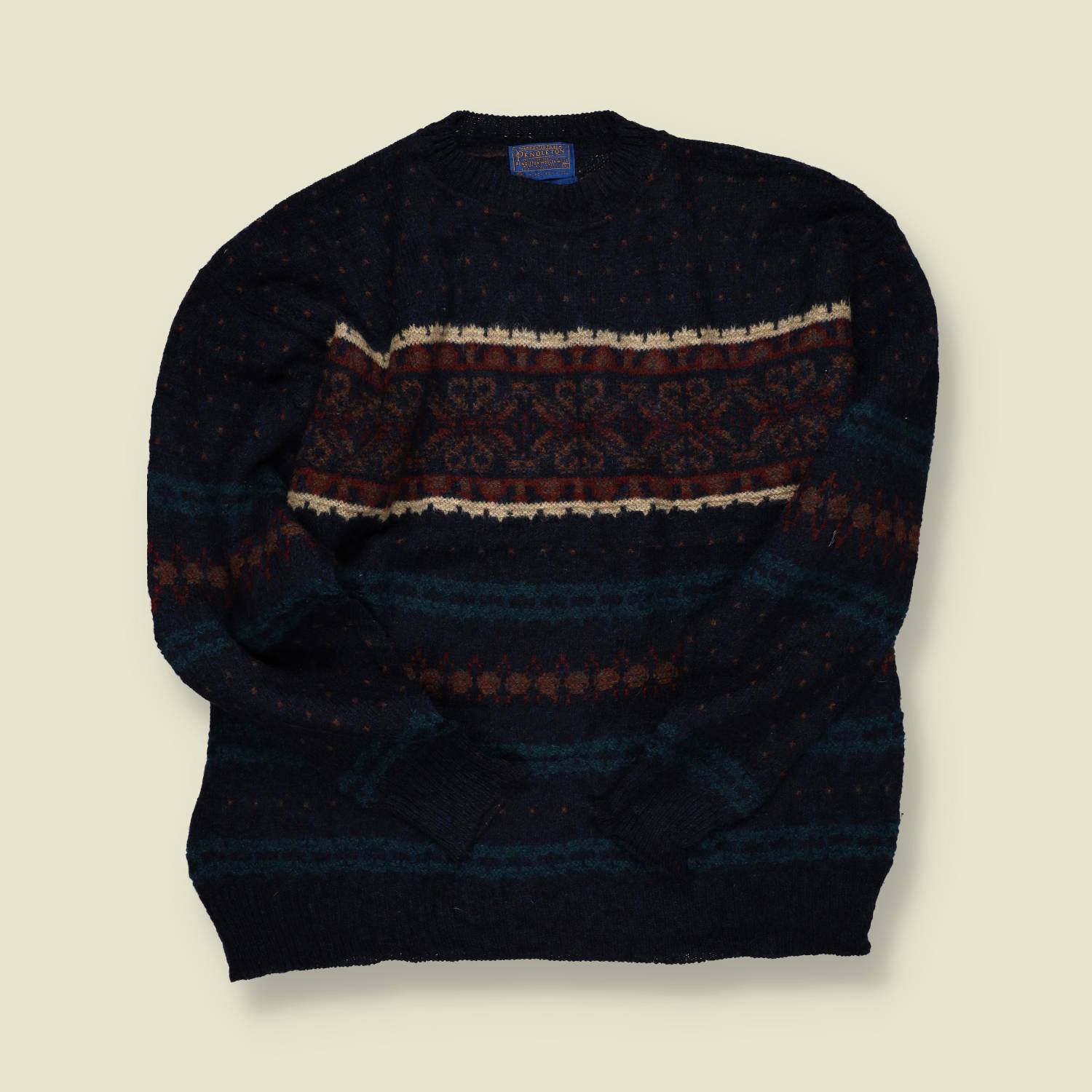 1980s | Pendleton | Lobo Pattern Wool Jumper | Made in USA | Black, Teal & Rust – XL/XXL