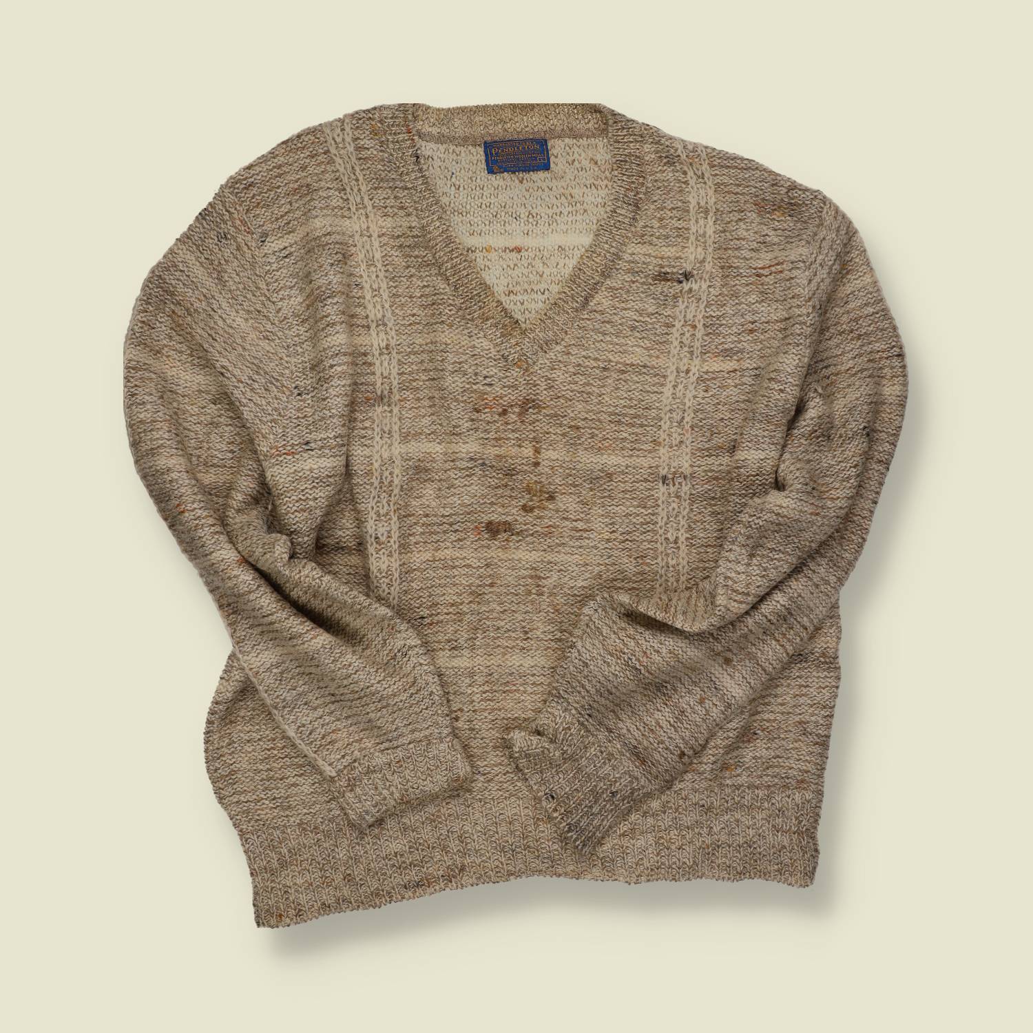 1970s | Pendleton | Wool V-Neck Jumper | Oatmeal Fleck – L/XL