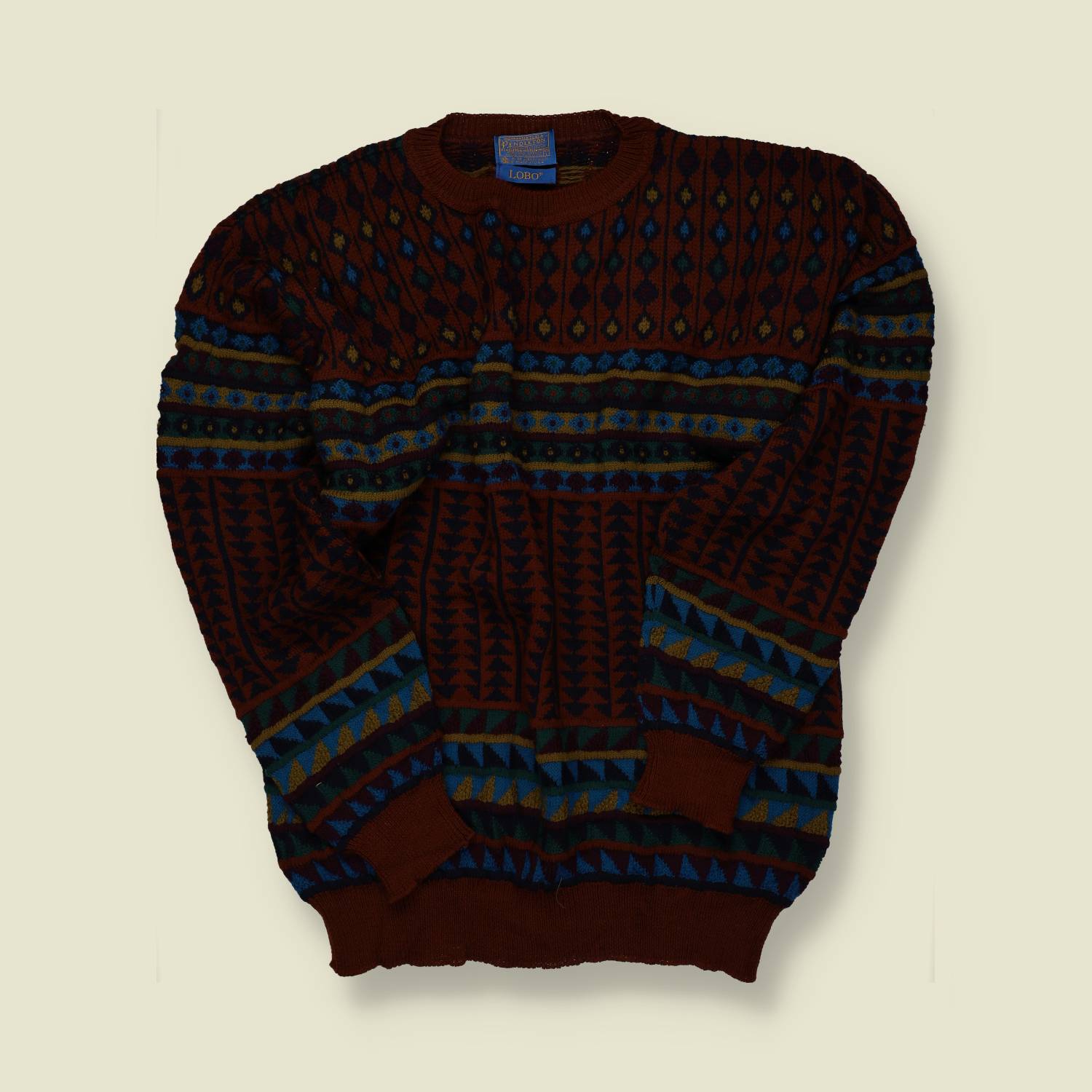 1980s | Pendleton | Lobo Pattern Wool Jumper | Made in USA | Rust, Teal & Navy – L