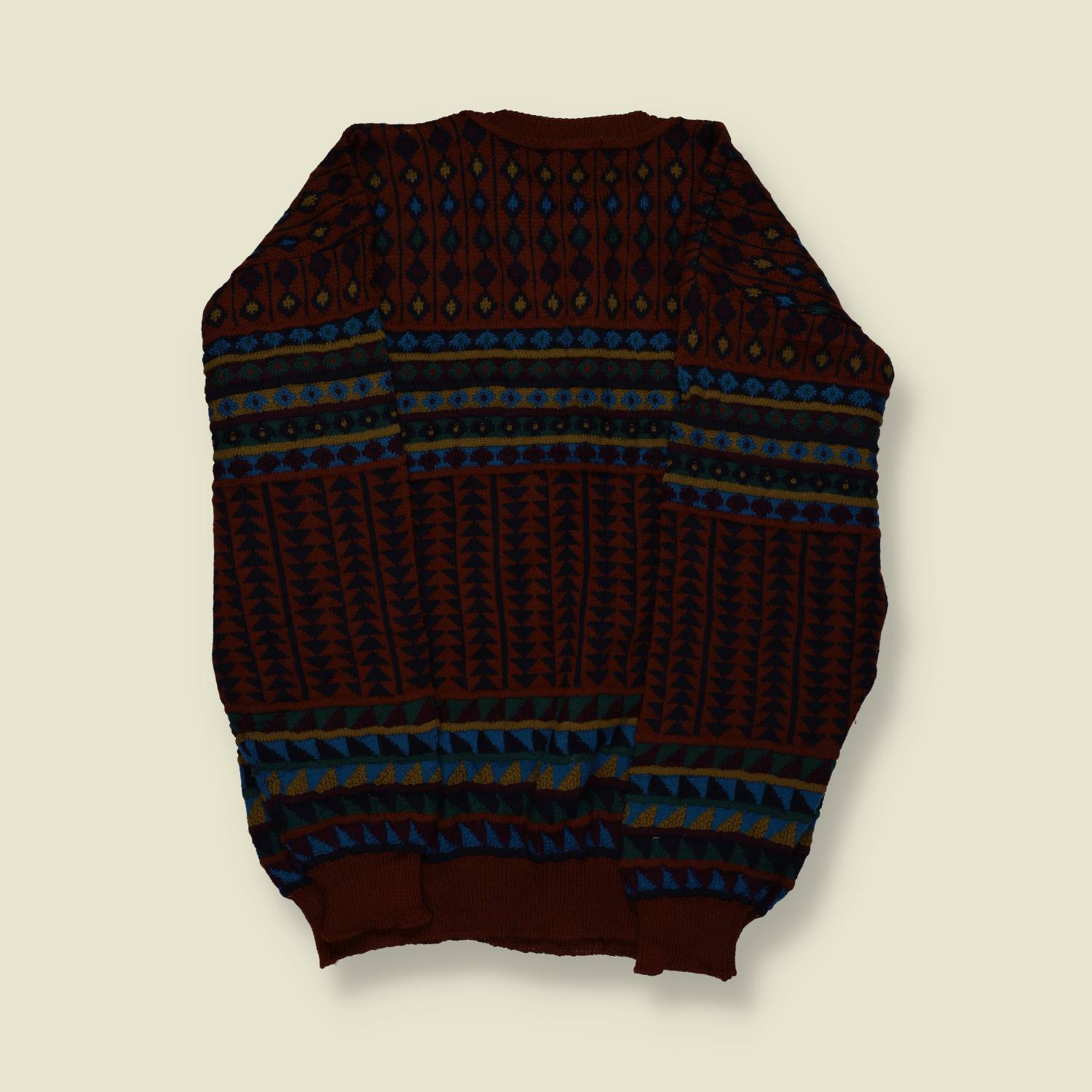 1980s | Pendleton | Lobo Pattern Wool Jumper | Made in USA | Rust, Teal & Navy – L