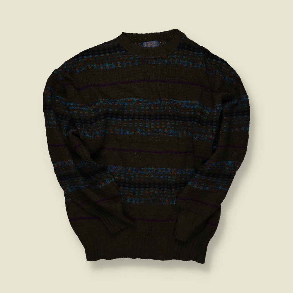 1970s | Pendleton | Virgin Wool Crewneck Jumper | Made in USA | Black, Blue & Purple Pattern – L/XL