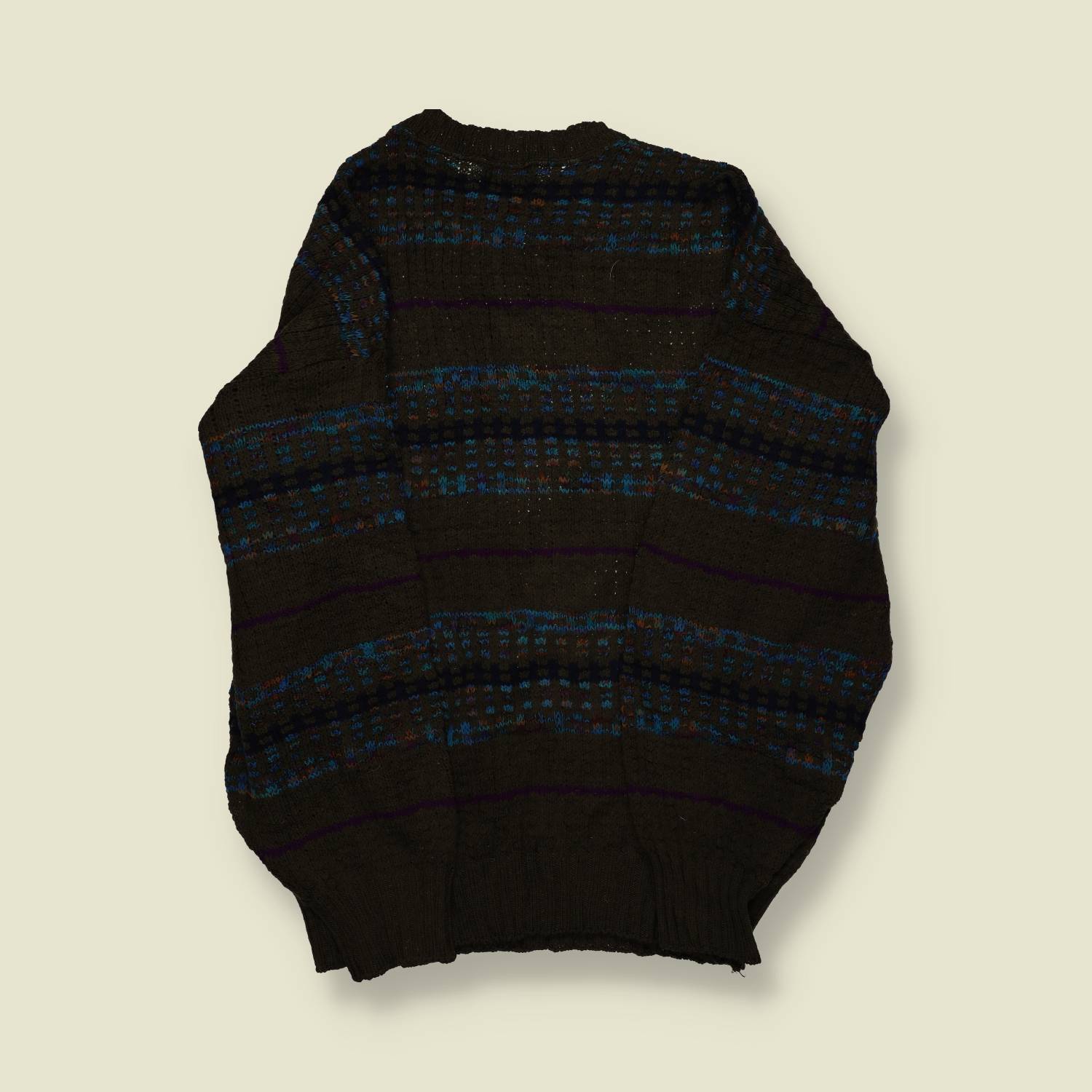 1970s | Pendleton | Virgin Wool Crewneck Jumper | Made in USA | Black, Blue & Purple Pattern – L/XL