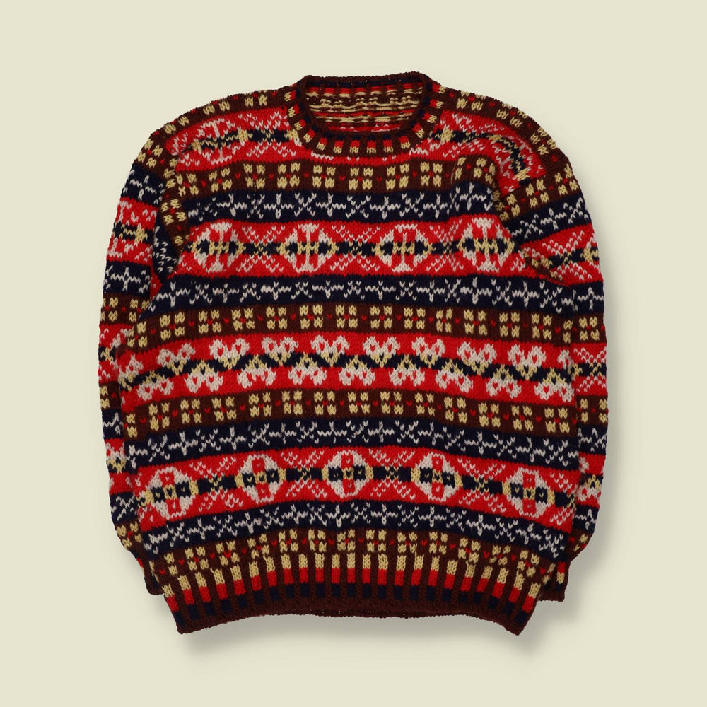1980s | Hand Knit Patterned Jumper | Red Mix - 20