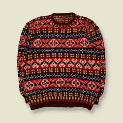 1980s | Hand Knit Patterned Jumper | Red Mix - 20