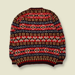 1980s | Hand Knit Patterned Jumper | Red Mix - 20
