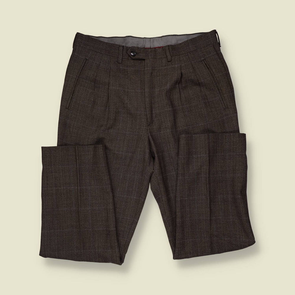 1980s | Glen Check Pleated Trousers | Brown - w34