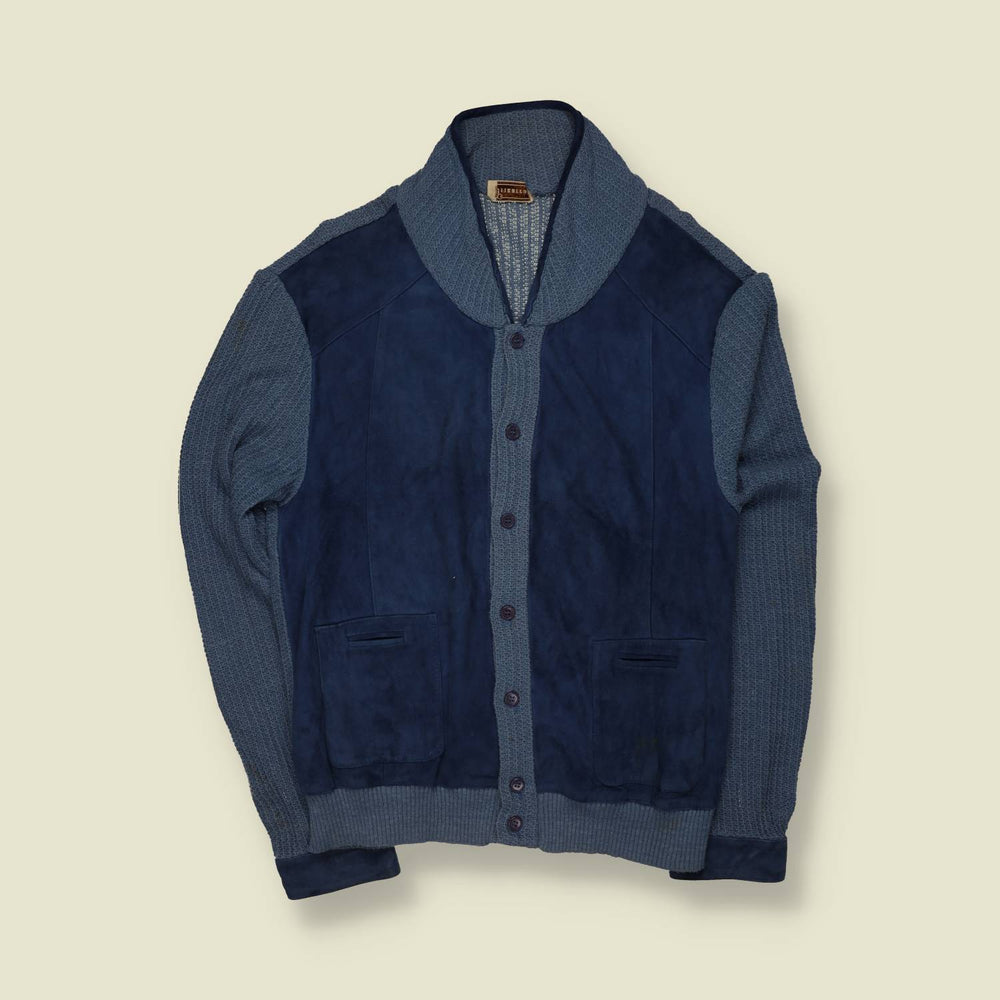 1970s | Bizzarro | Leather & Knit Cardigan | Navy - L